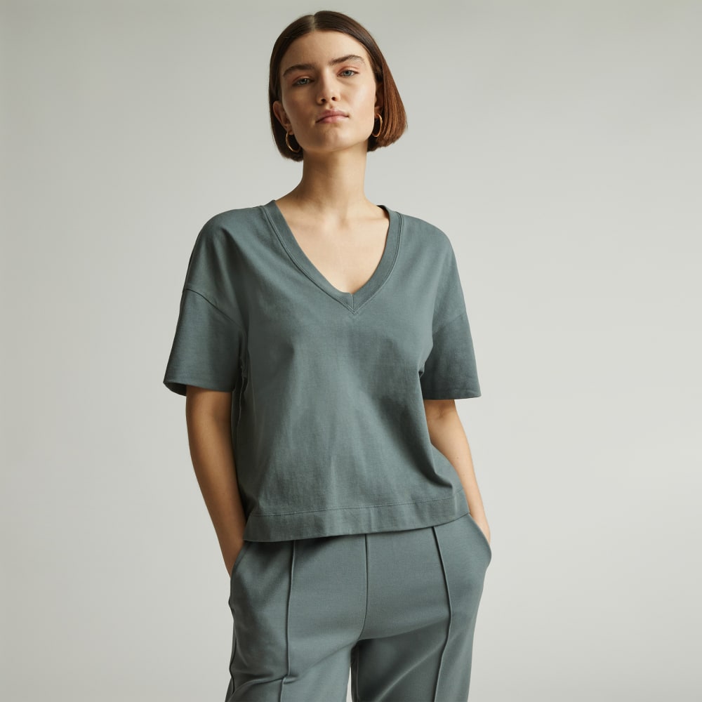 The Organic Cotton Slouchy V-Neck in Green Balsam — front view