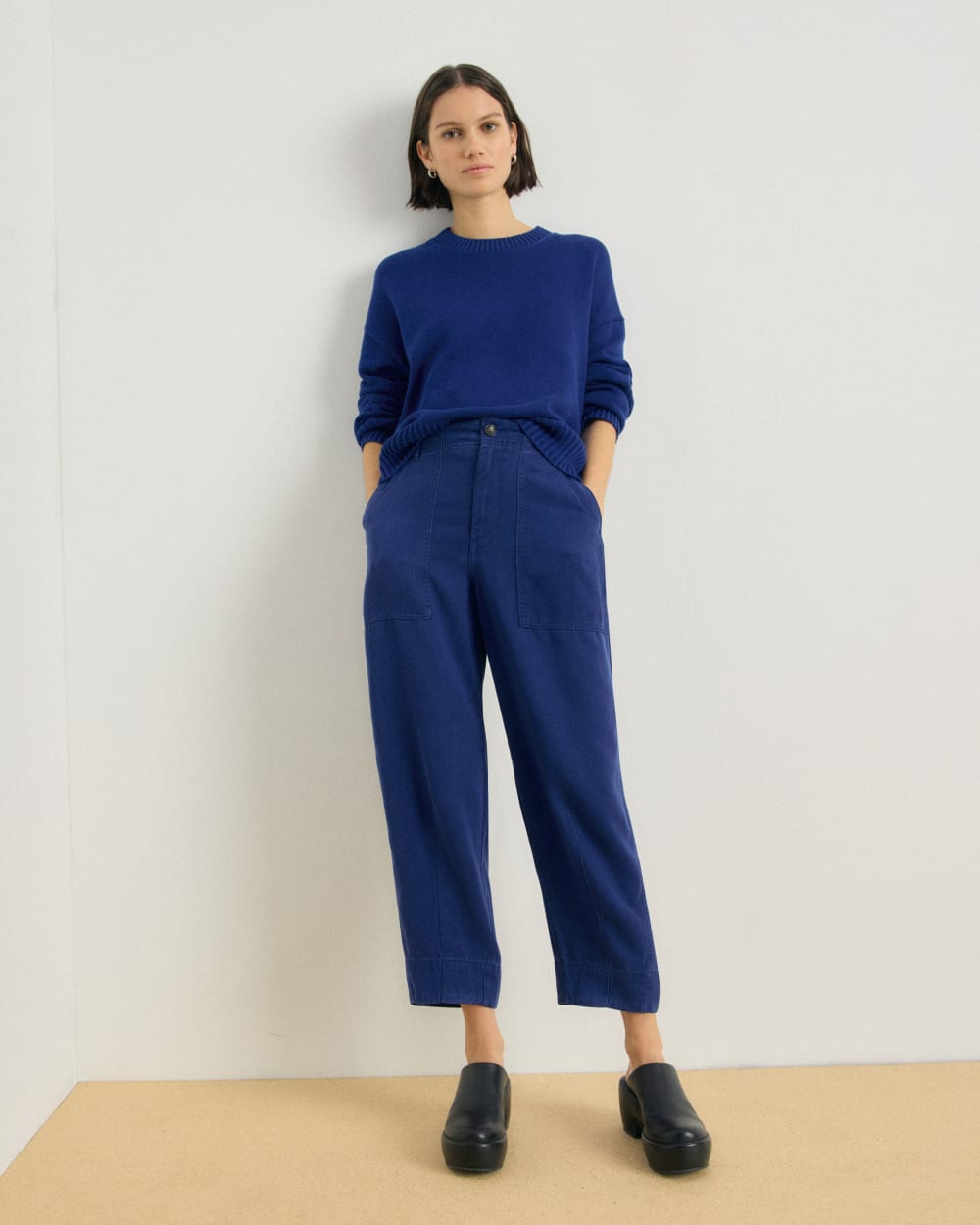 The Boxy Sweater in Everyday Cotton in Bellwether Blue — detail view
