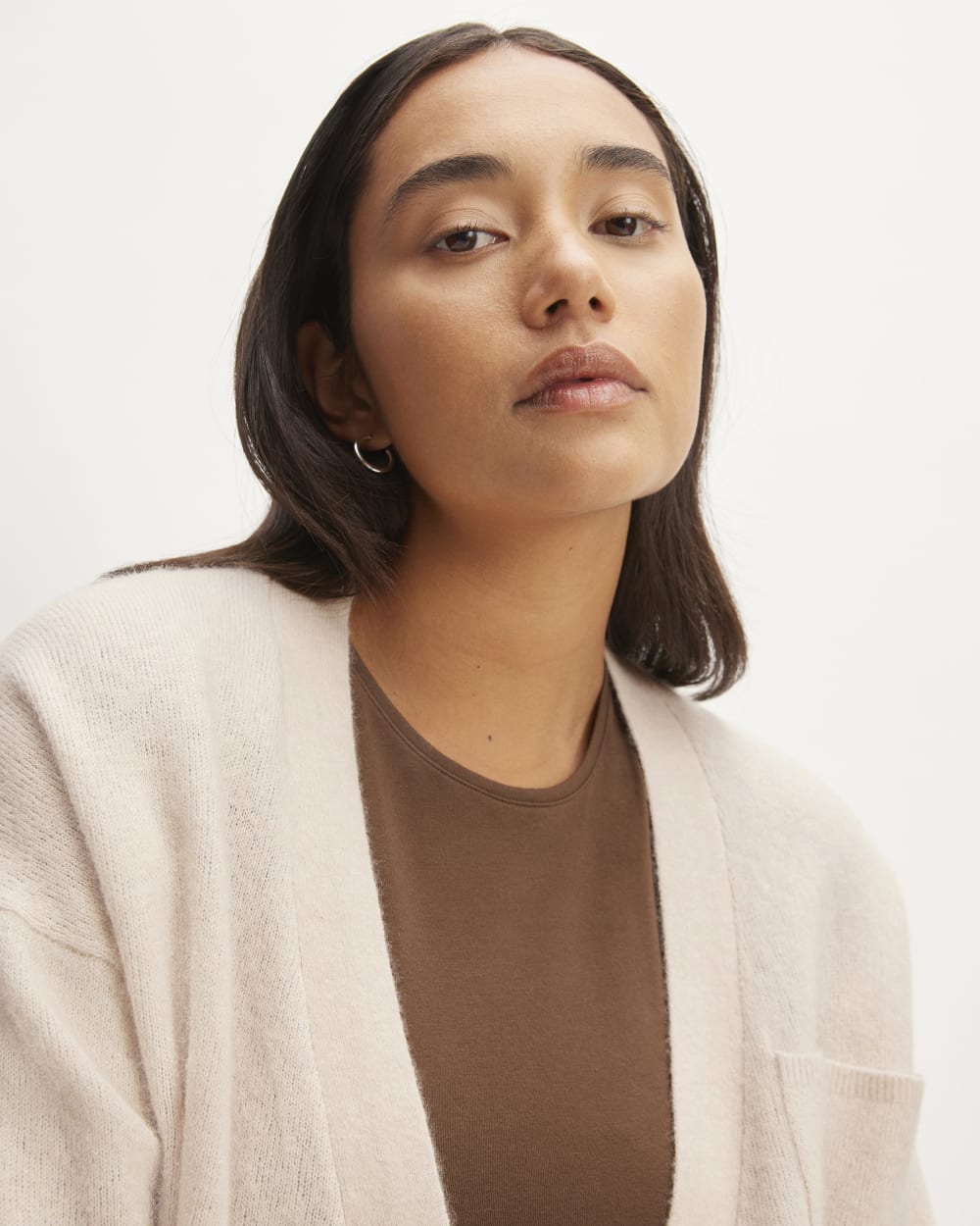 The Cozy-Stretch Relaxed Cardigan in Whisper Pink — detail view