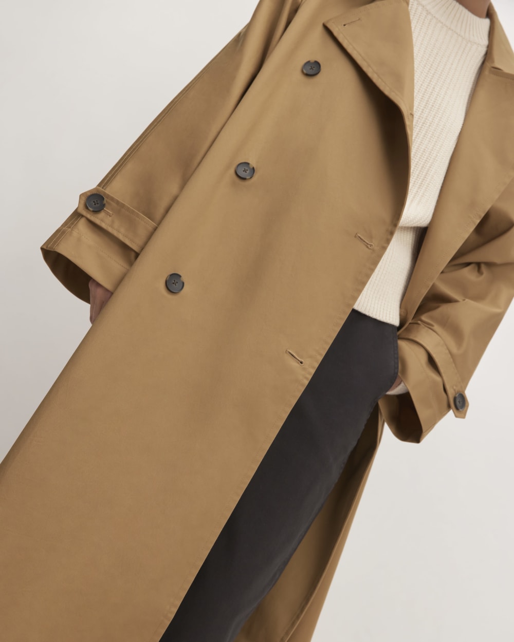 The Cotton Long Trench Coat in Toasted Coconut — detail view