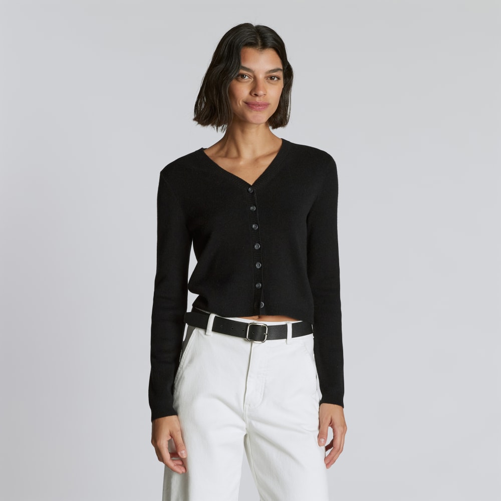 The Luxe Merino Cardigan in Black — detail view