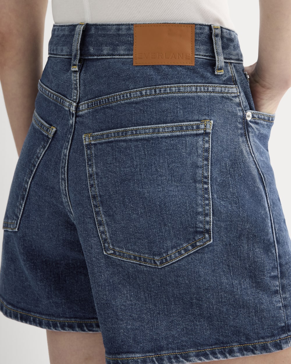 The A-Line Denim Short in Ocean — detail view