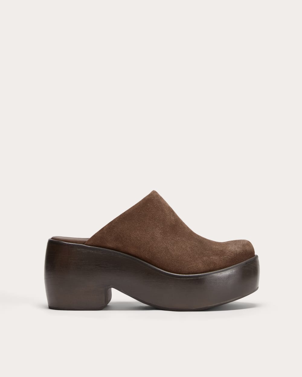 The Wooden Puffa Clog in Dark Umber Suede — front view