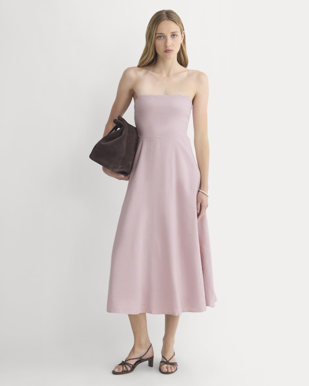 Strapless Dress in Stretch Linen in Burnished Lilac — front view
