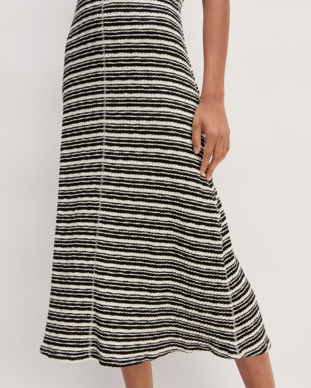 The Rib-Knit Cap-Sleeve Midi Dress in Bone / Black — detail view