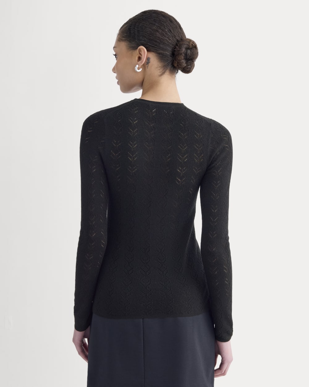 The Pointelle Crew in Ultrasoft Merino in Black — detail view