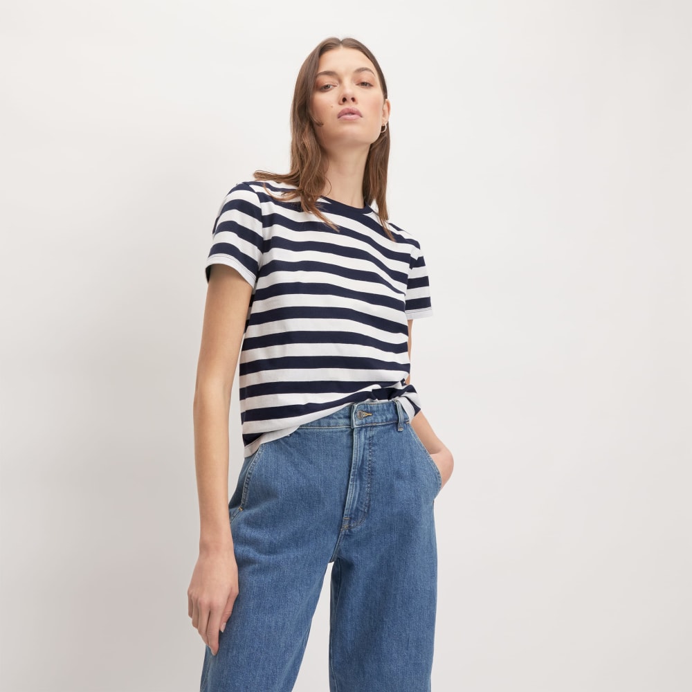 The Box-Cut Tee in Essential Cotton in Navy / Canvas — front view