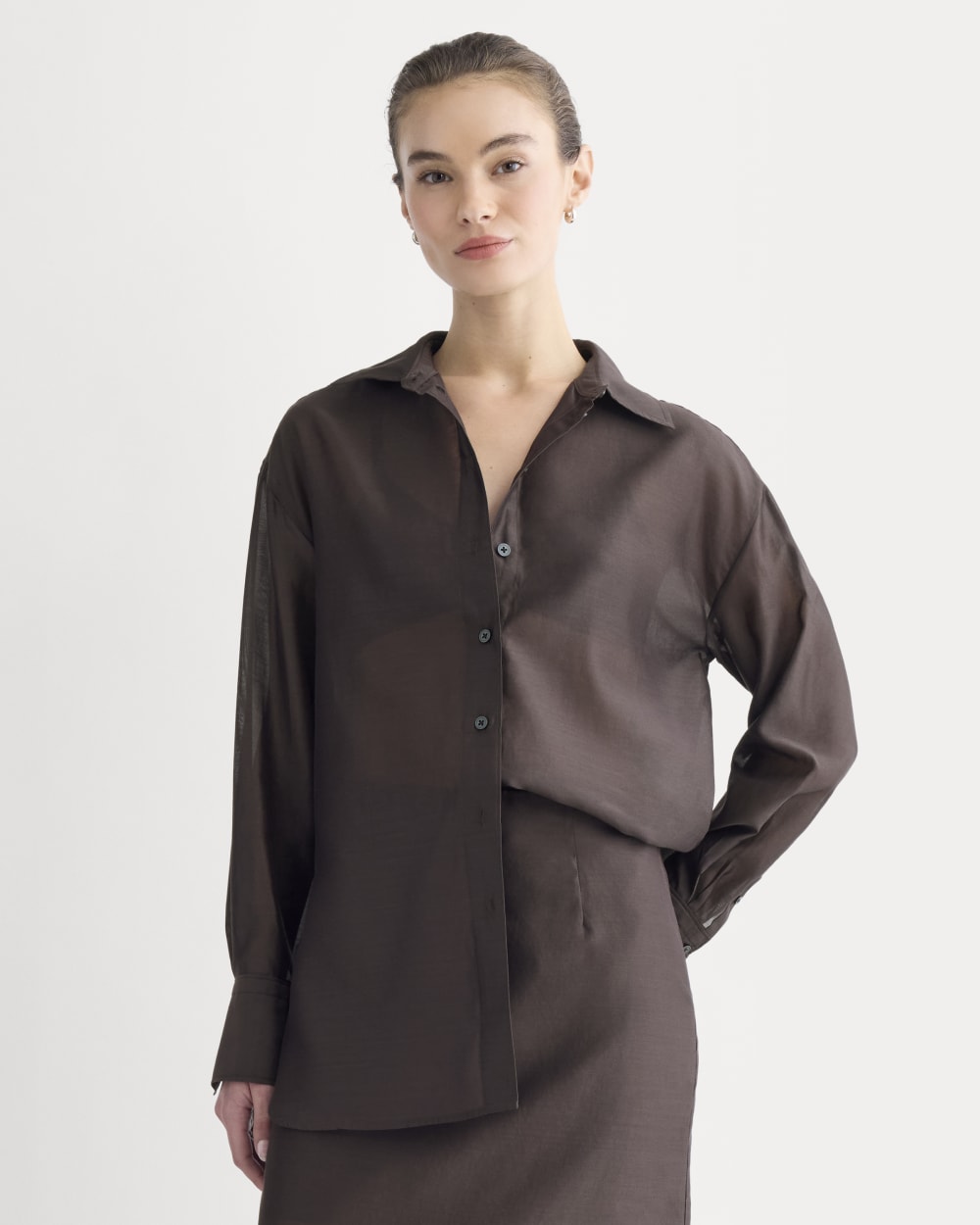Oversized Shirt in Cotton-Silk Organza in Dark Chocolate — front view