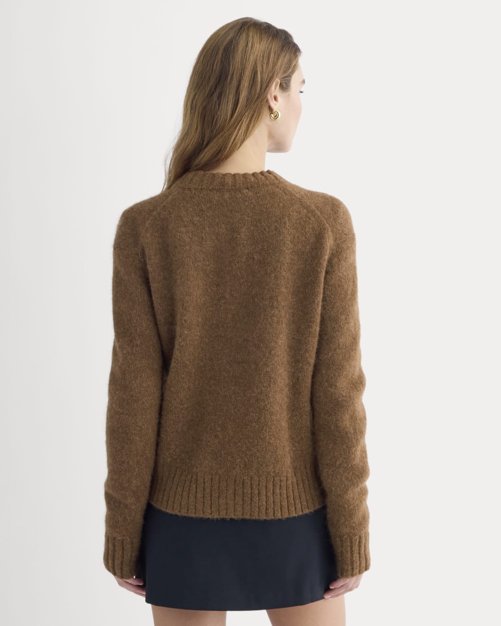 The Crew Cardigan in Alpaca in Toffee — detail view