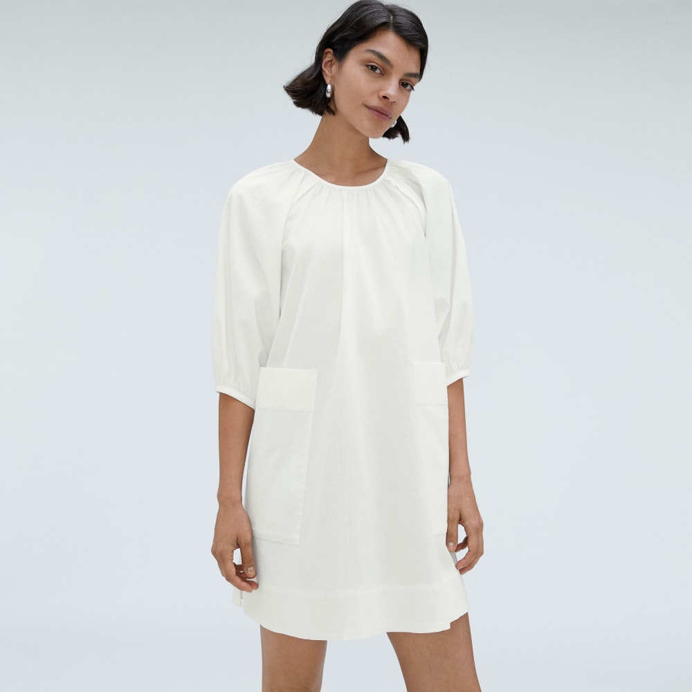 The Seersucker Puff Sleeve Dress in White — detail view