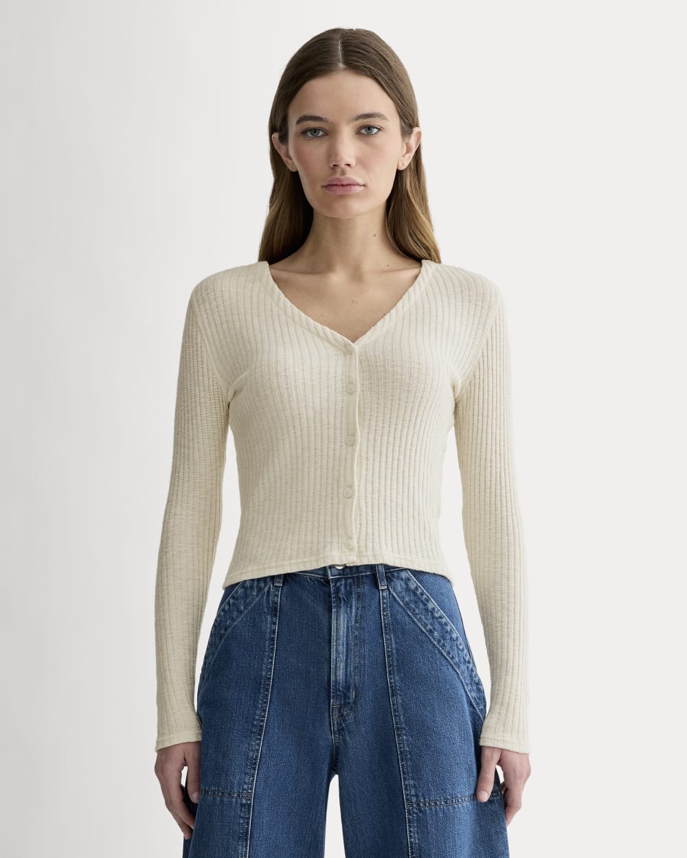 The Cozy Rib Cardigan in Bone — front view