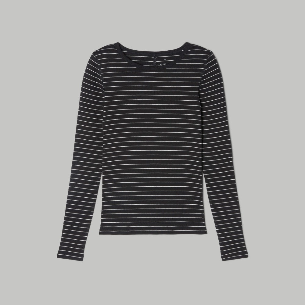 The Luxe Rib Long-Sleeve Crew in Black / Canvas Tan — front view