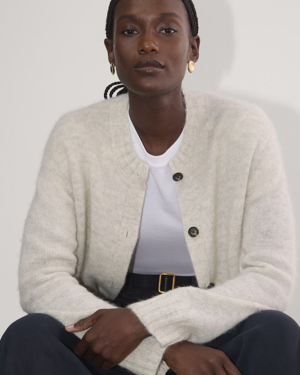 The Crew Cardigan in Alpaca in Almond — detail view