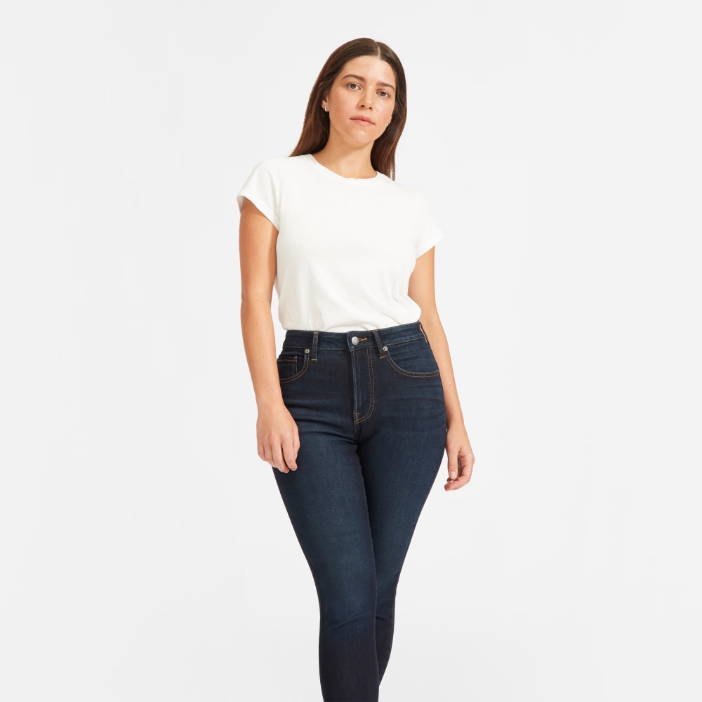 The Curvy Authentic Stretch High-Rise Skinny Jean in Dark Blue Wash — detail view