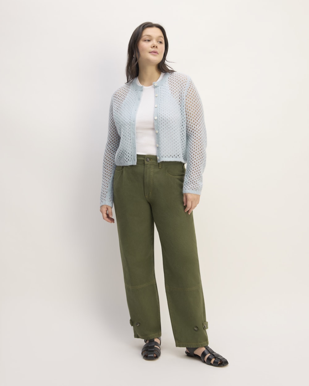 The Everlane x Marques' Almeida Alpaca Mesh Cardigan in Mist — detail view