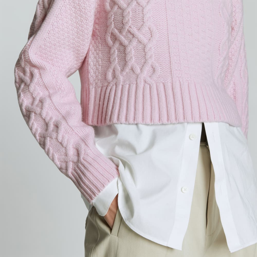 The Felted Merino Cropped Cable Sweater in Light Lilac — detail view