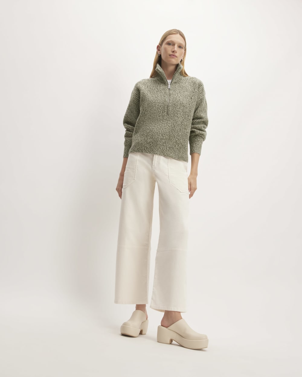 The Half-Zip Sweater in Luxe Merino in Seafoam Green / Kambaba Twist — detail view