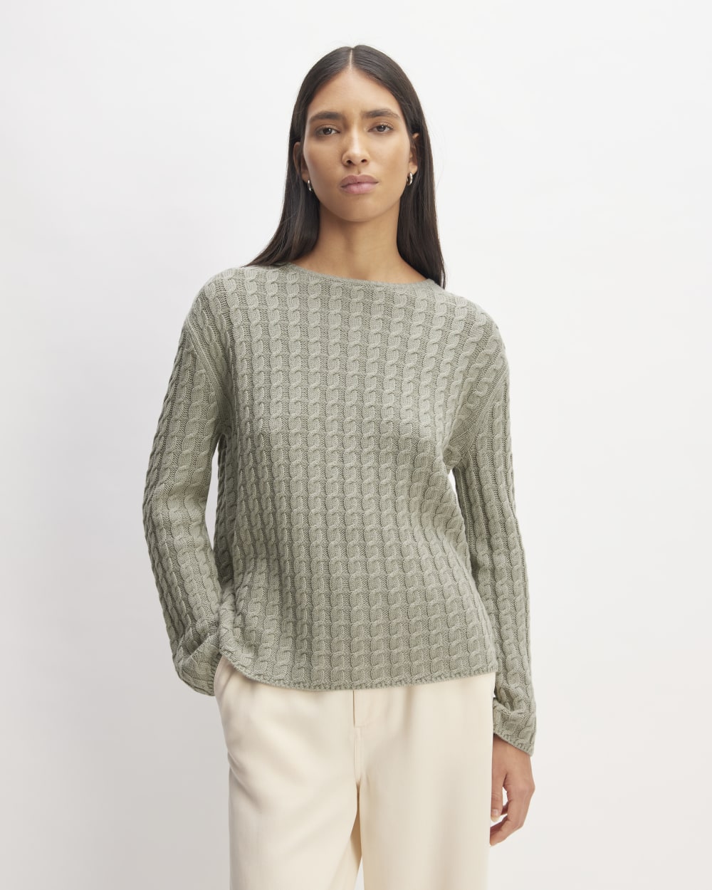 The Cotton Merino Cable Crew in Sage Green — front view