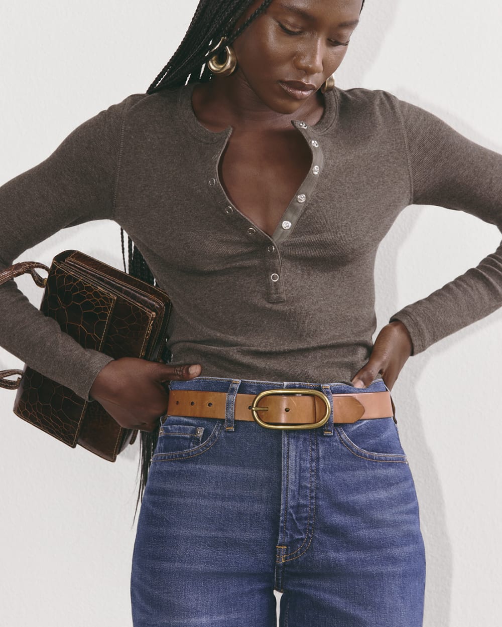 The Luxe Rib Henley in Heathered Fatigue — detail view