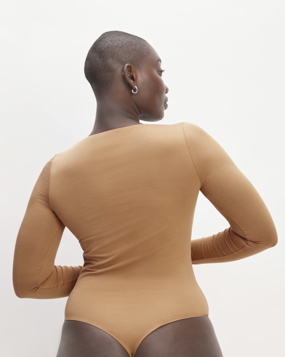 The Long-Sleeve Supima® Square-Neck Bodysuit in Tawny Brown — detail view