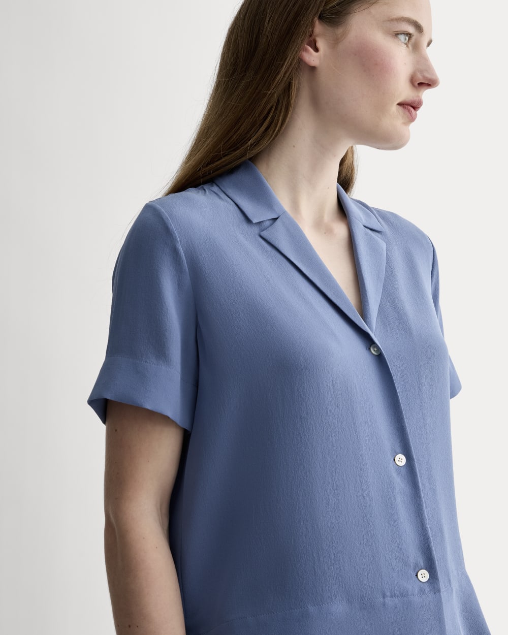 The Notch Shirt in Washable Silk in French Blue — detail view