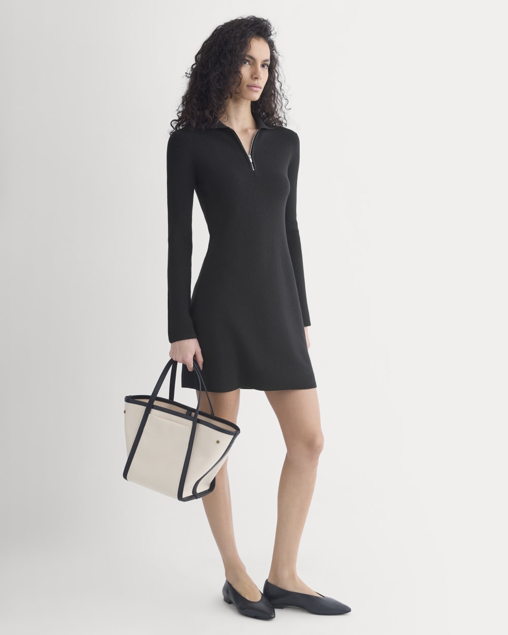 Knit Quarter-Zip Polo Dress in Black — detail view