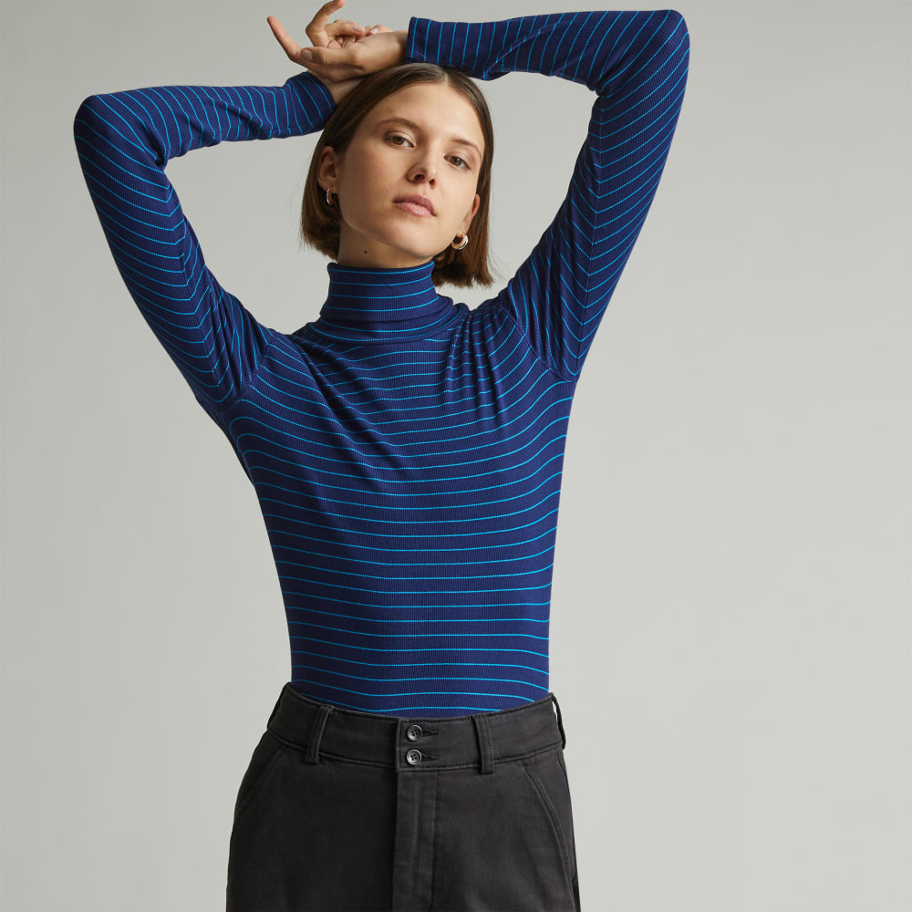The Luxe Micro-Rib Turtleneck in Ocean Cavern / Horizon Blue — front view