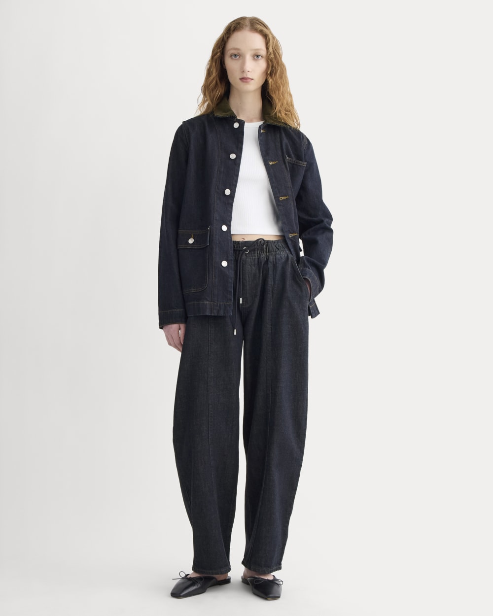 The Drawstring Baggy Jean in Dark Indigo — front view