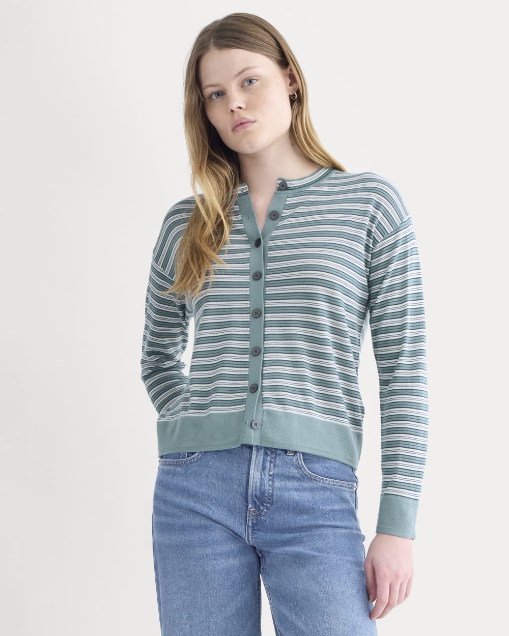 Crew Cardigan in Ultrasoft Merino in Reflecting Pond Multi Stripe — front view