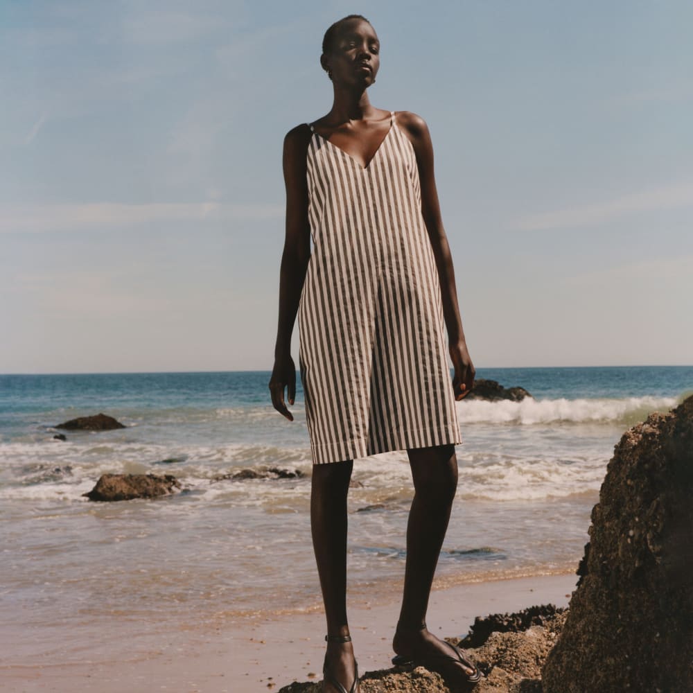 The Poplin Slip Dress in Bone / Black — detail view