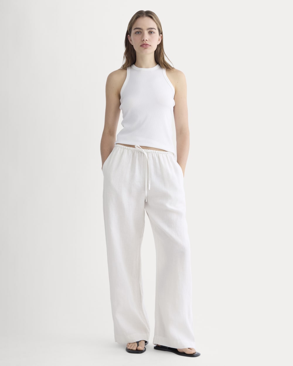 The Drawstring Pant in Linen in Natural Chambray — front view
