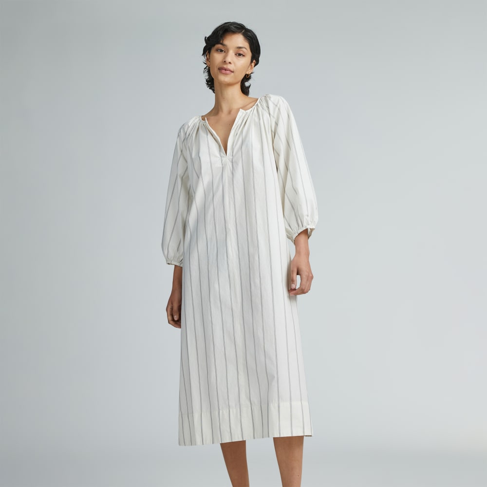 The Raglan Sleeve Poplin Dress in Black / Canvas Tan — detail view
