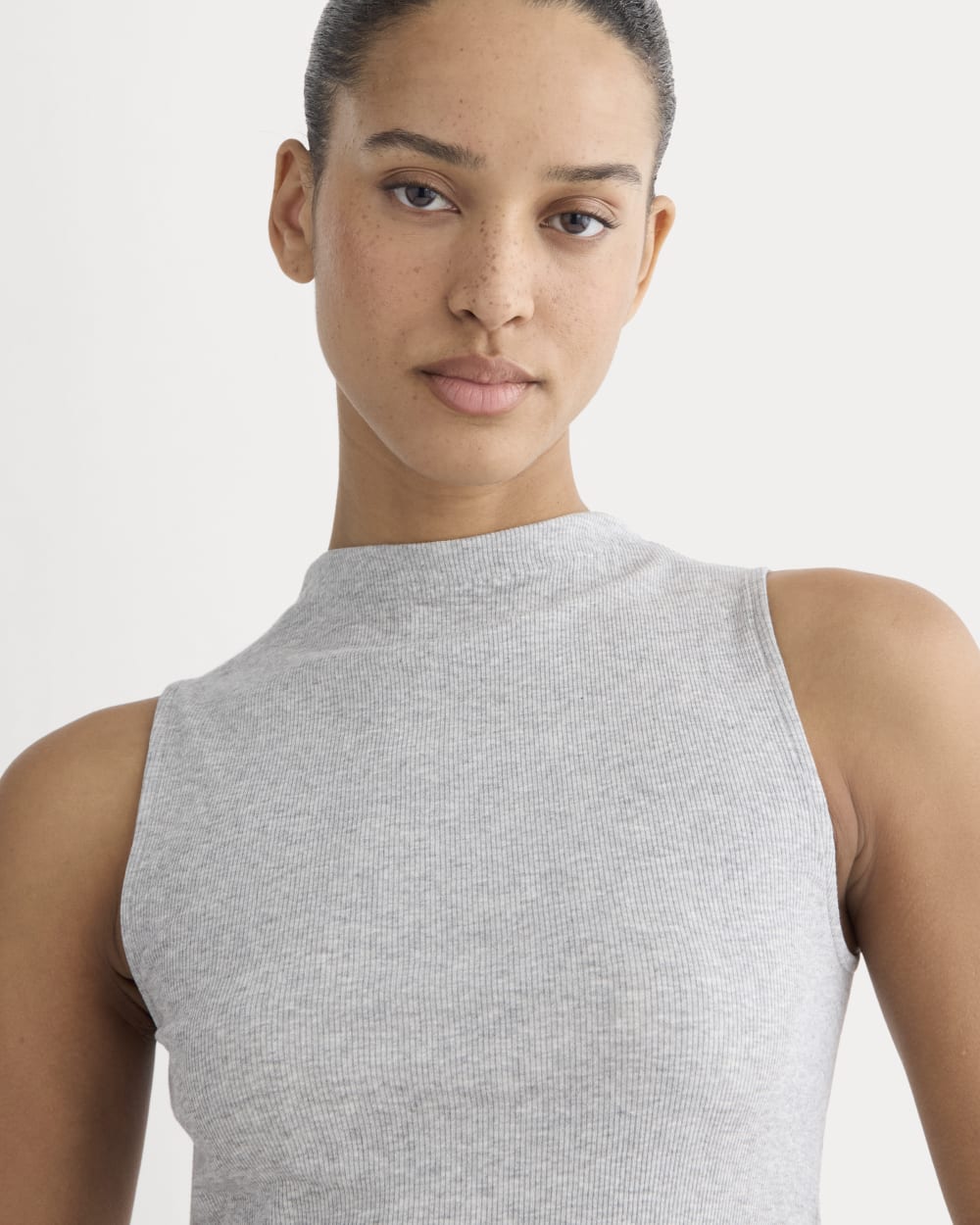 The Luxe Rib Funnel-Neck Tank in Classic Heather Grey — detail view