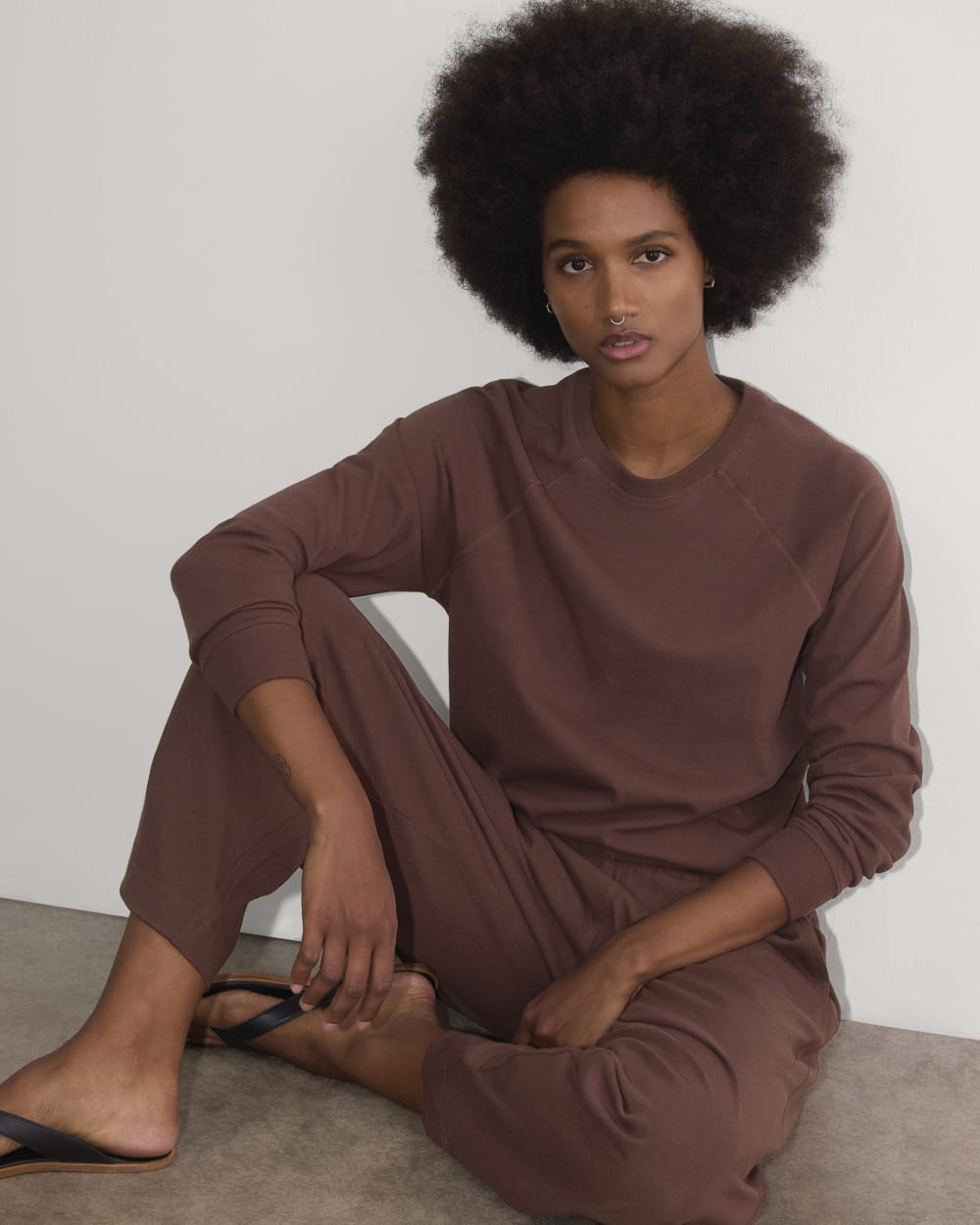 The Off-Duty Long-Sleeve Tee in Dark Mahogany — detail view