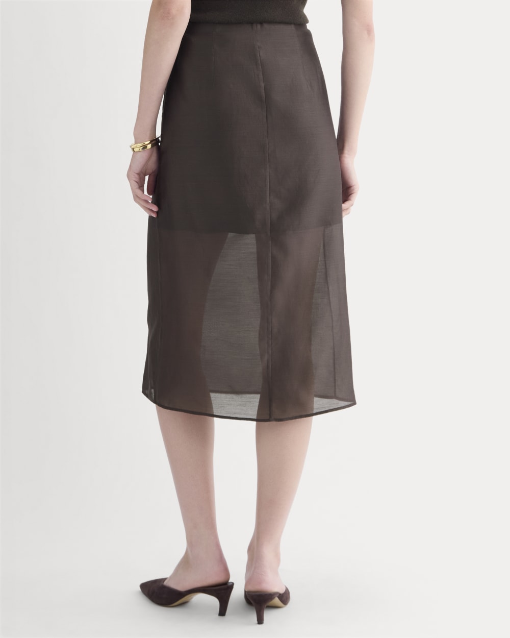 Midi Skirt in Cotton-Silk Organza in Dark Chocolate — detail view