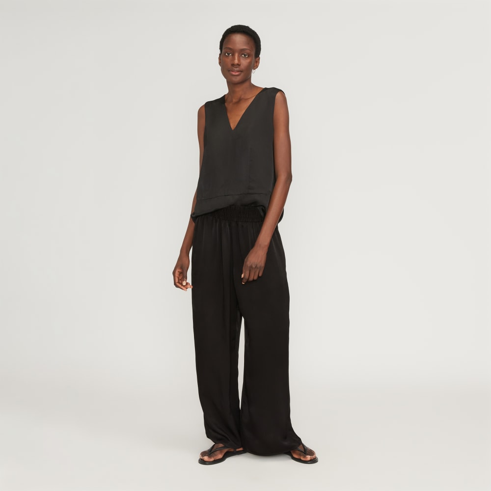 The Satin Pull-On Pant in Black — detail view