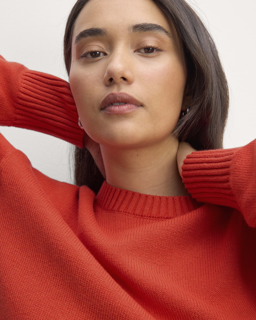 The Boxy Sweater in Everyday Cotton in Poppy Red — detail view
