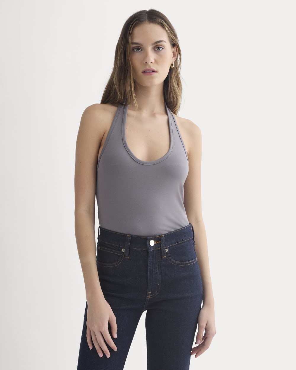 Halter Tank in Charcoal Grey — front view