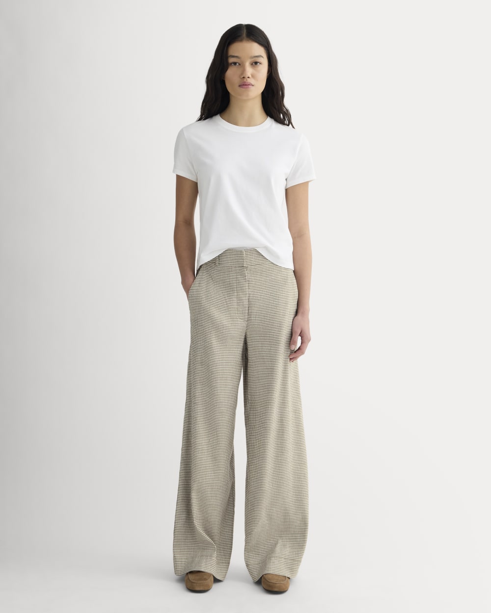The Wide-Leg Pant in Stretch Linen in Deep Taupe Mini Gingham — front view