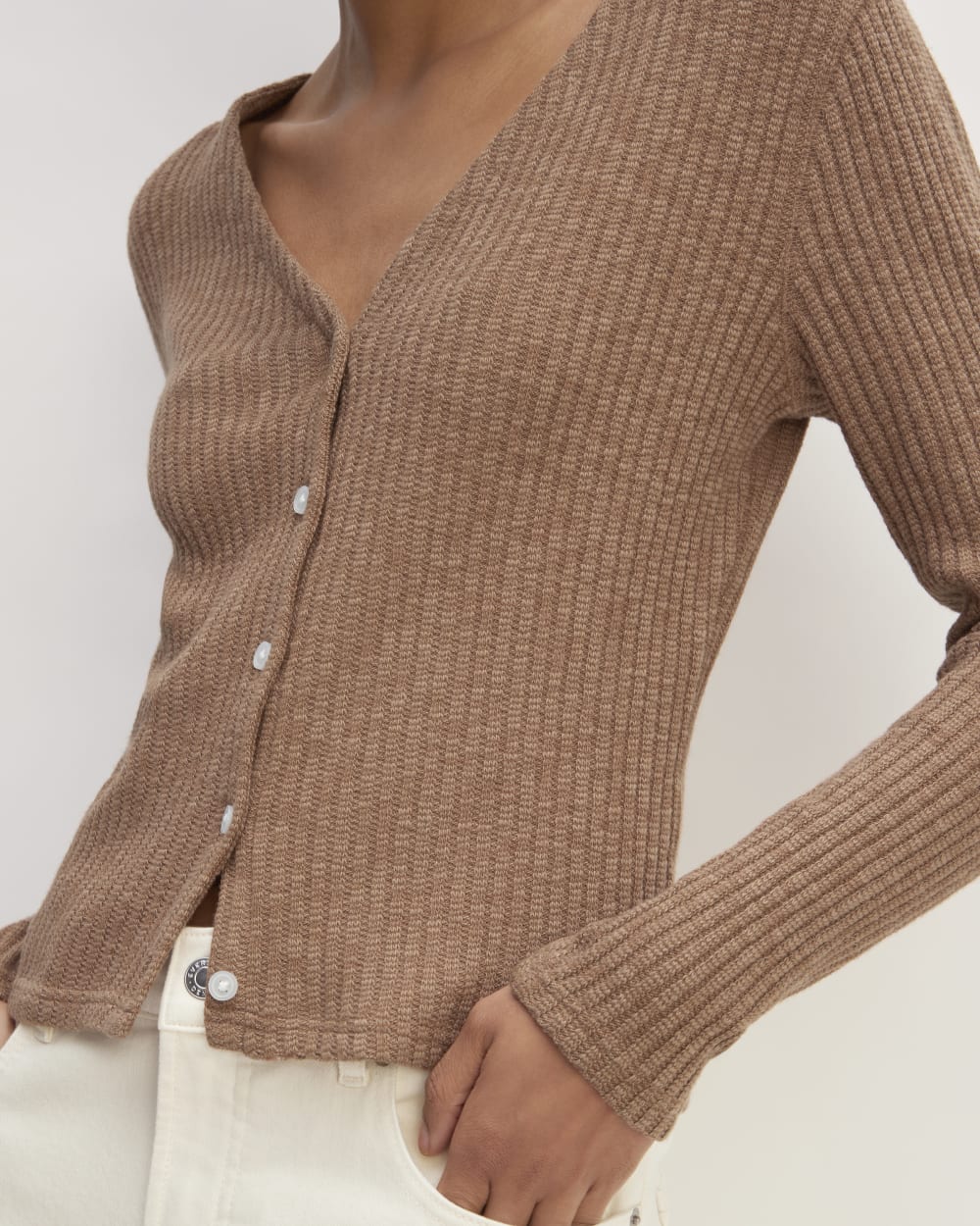 The Cozy Rib Cardigan in Carob Brown — detail view