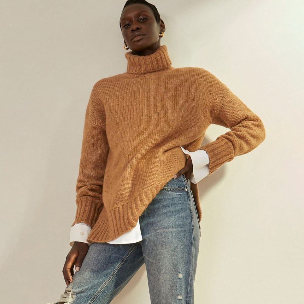 The Cloud Turtleneck in Heathered Chai — detail view