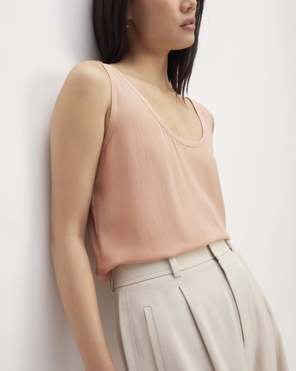 The Scoop Tank in Washable Silk in Blush Pink — detail view