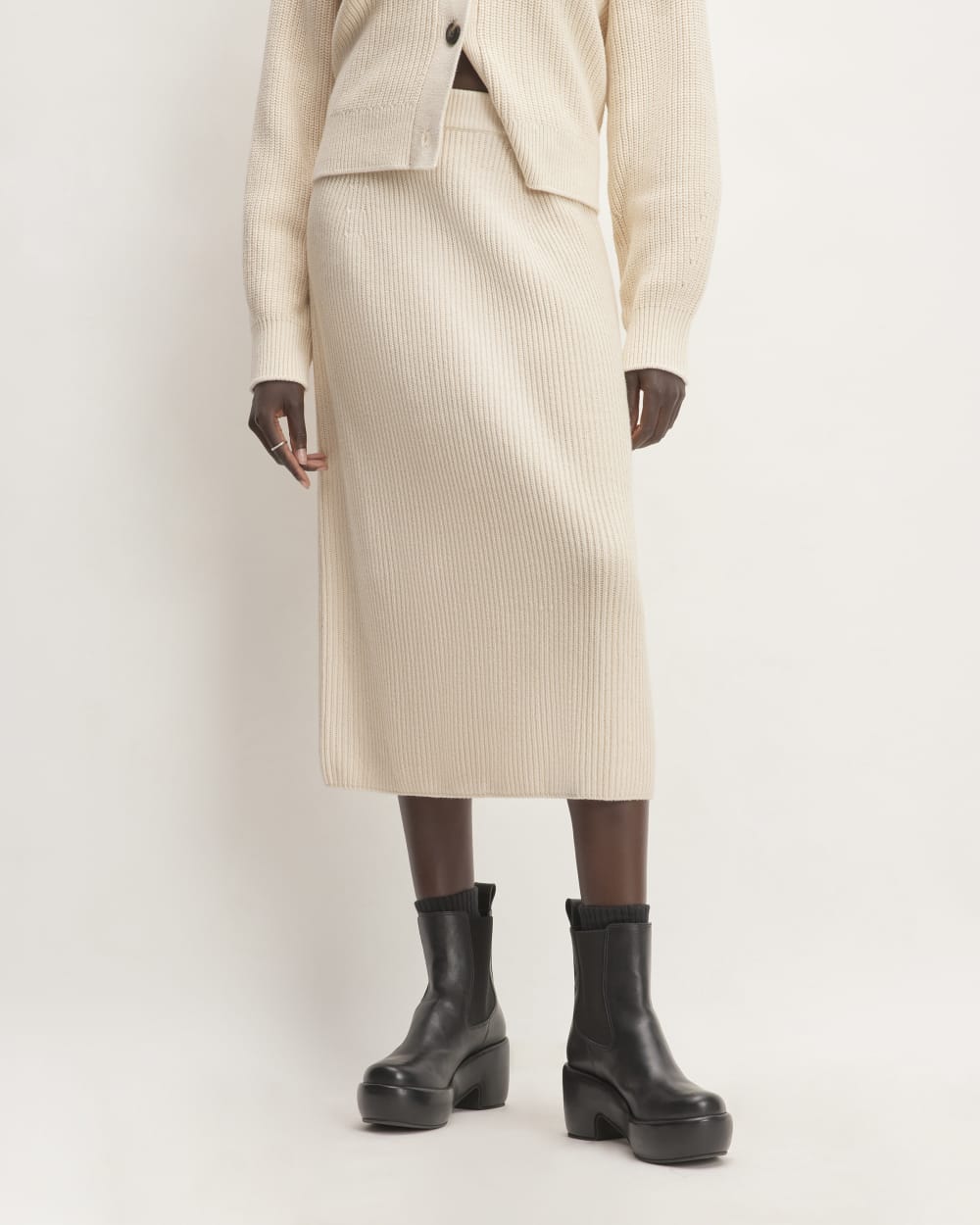 The Organic Cotton Sweater Midi Skirt in Canvas — front view