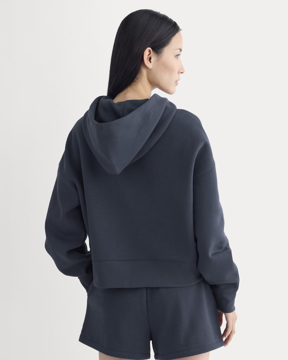 Cropped Luxe Fleece Hoodie in Navy — detail view