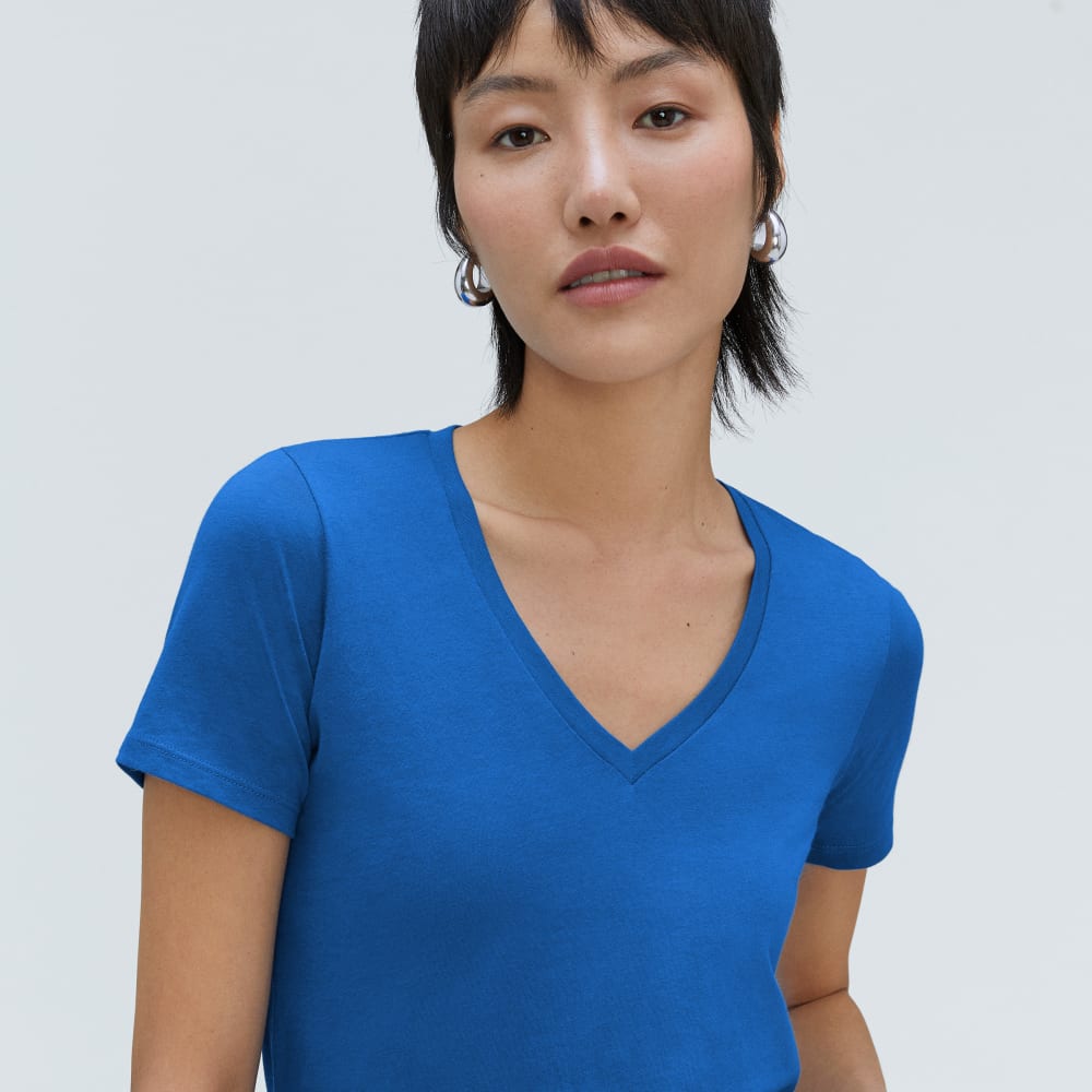The Organic Cotton V-Neck in Lapis Blue — detail view