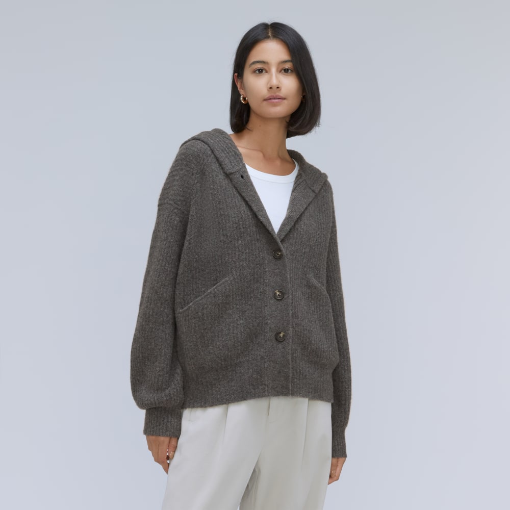 The Cozy-Stretch Hooded Cardigan in Heathered Charcoal — front view