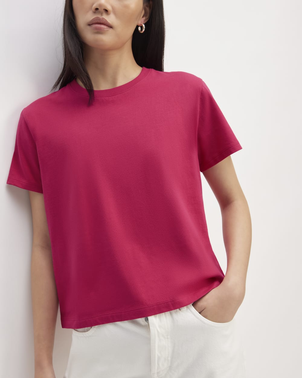 The Box-Cut Tee in Essential Cotton in Red Currant — detail view