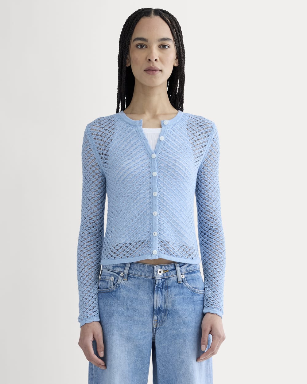 The Lace Knit Cardigan in Sky Blue — front view