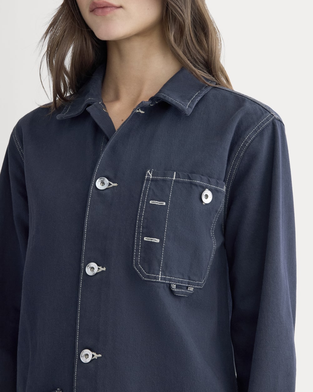 The Denim Chore Jacket in Garment-Dyed Navy — detail view