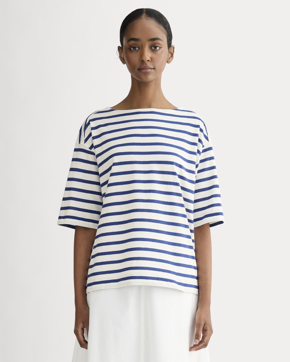 The Mariner Oversized Tee in Bone / Mazarine Blue — front view